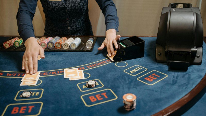 Casino dealer organizing cards and chips on a gaming table during a game., tags: beginner-friendly online - pexel