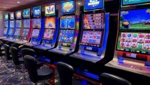 Bright casino slot machines with colorful displays and no people present., tags: playtech slots - pexel