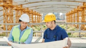 Engineering team analyzing blueprints together at an outdoor construction site with safety gear., tags: battlefords economic - pexel